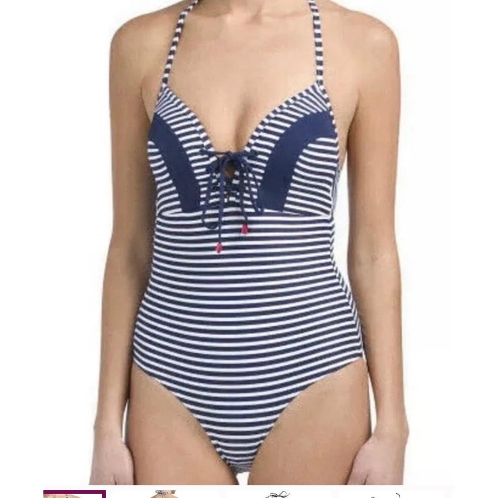 NipTuck Halter Neck Torino Stripe Navy One-Piece Swimsuit Size 8 Halter Nautical